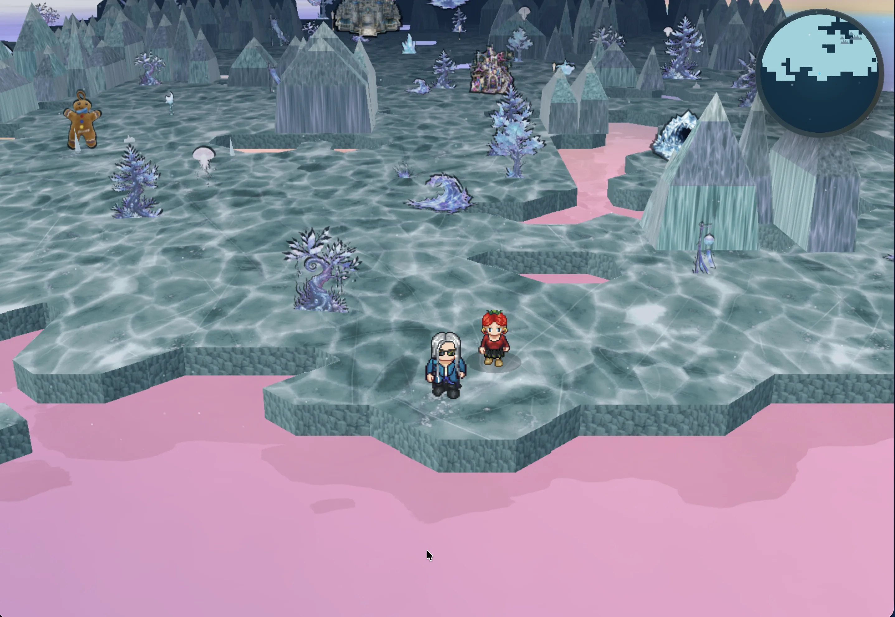 Cold Storage route with ice floors, frozen trees, pink water, and minimap HUD