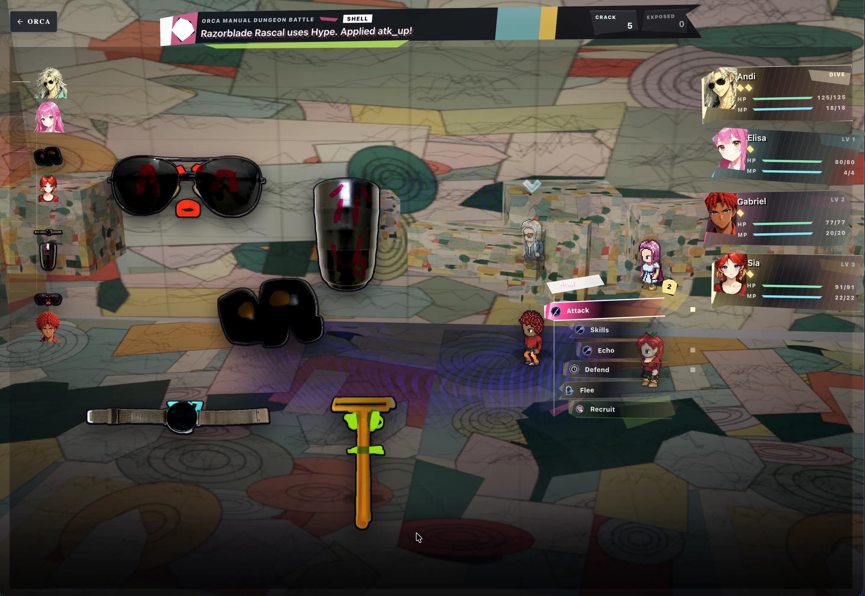 Dream Ocean dungeon battle with Shell reaction HUD and party commands